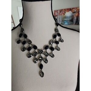 Black Animal Print Bib Statement Necklace Gunmetal Tone Tiered Oval Cabochon